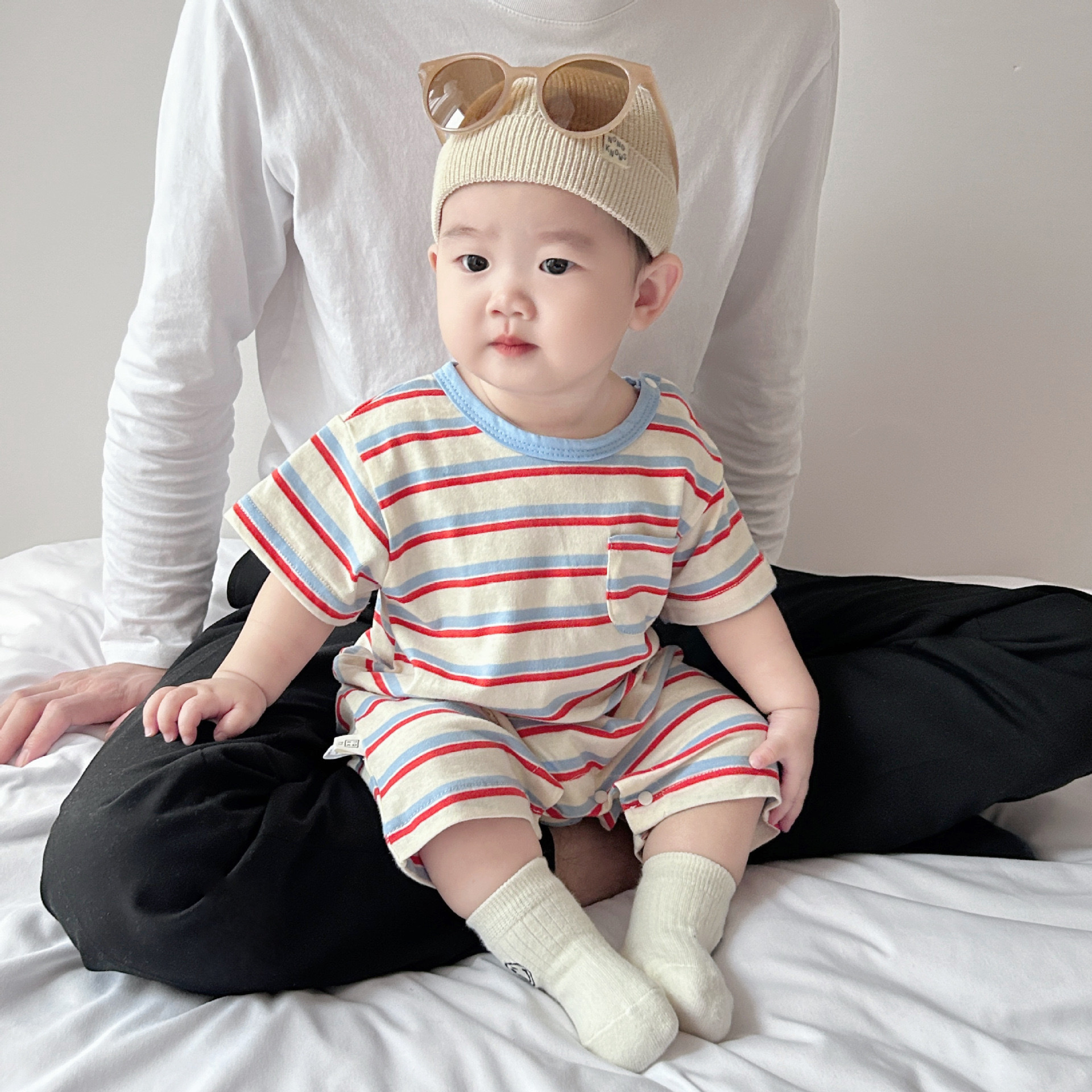 條紋小口袋短袖包屁衣