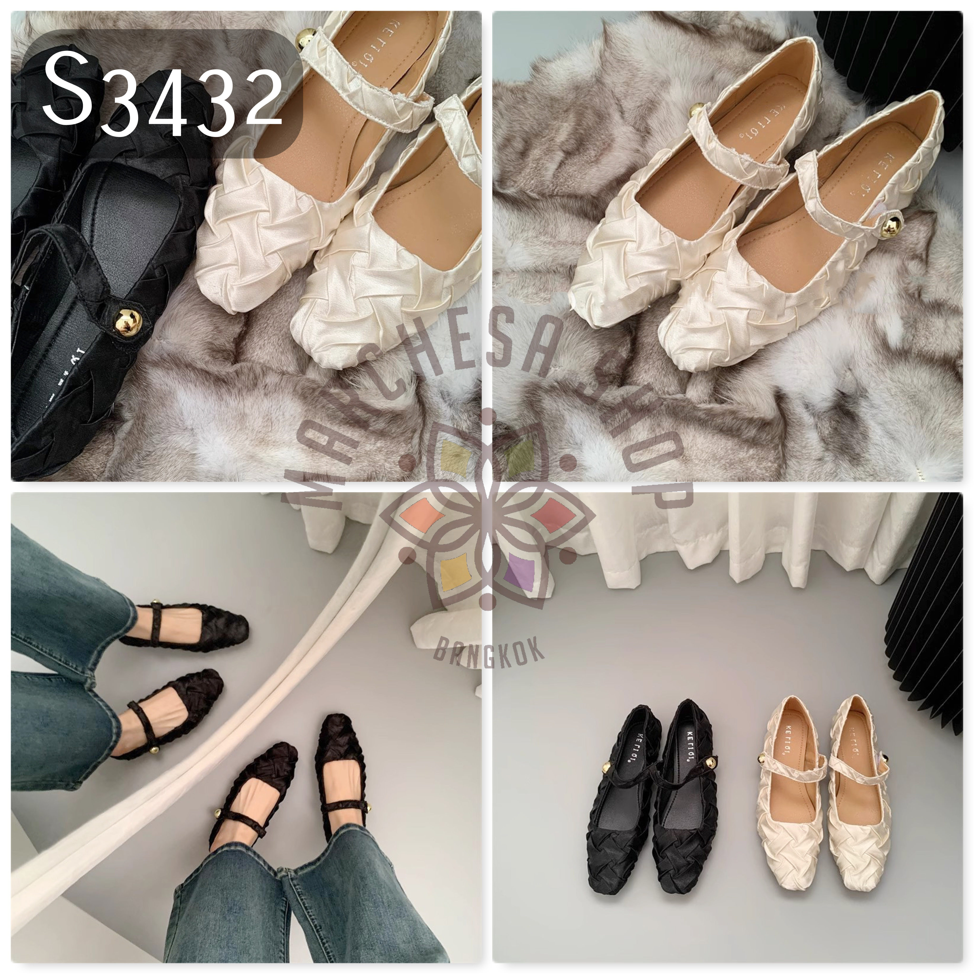 S3432 - 立體皺摺扣帶方頭平底鞋