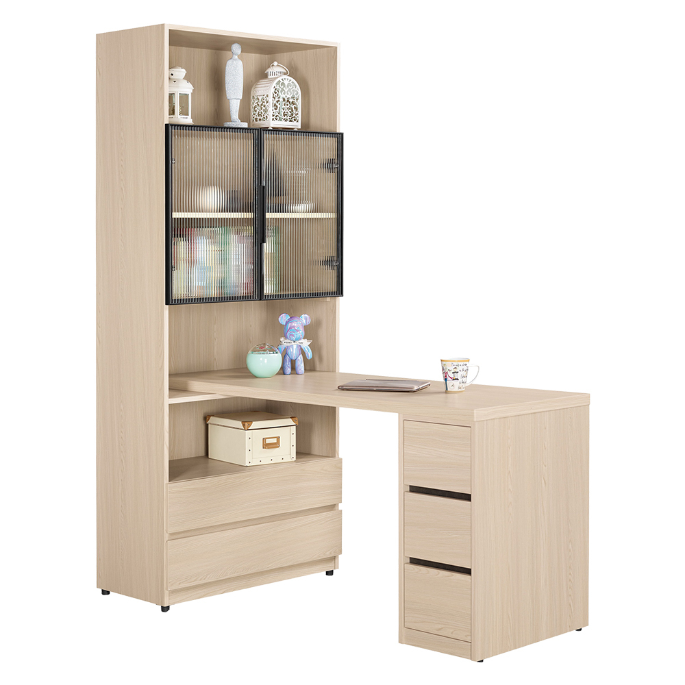 恩洛4尺長虹玻璃多功能L型三抽書桌/書櫃型工作桌/辦公桌(兩色可選)