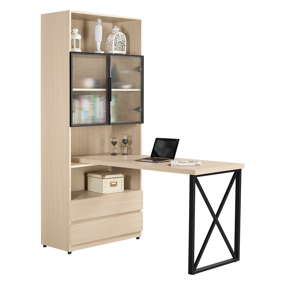 恩洛4尺長虹玻璃多功能L型書桌/書櫃型工作桌/辦公桌(兩色可選)