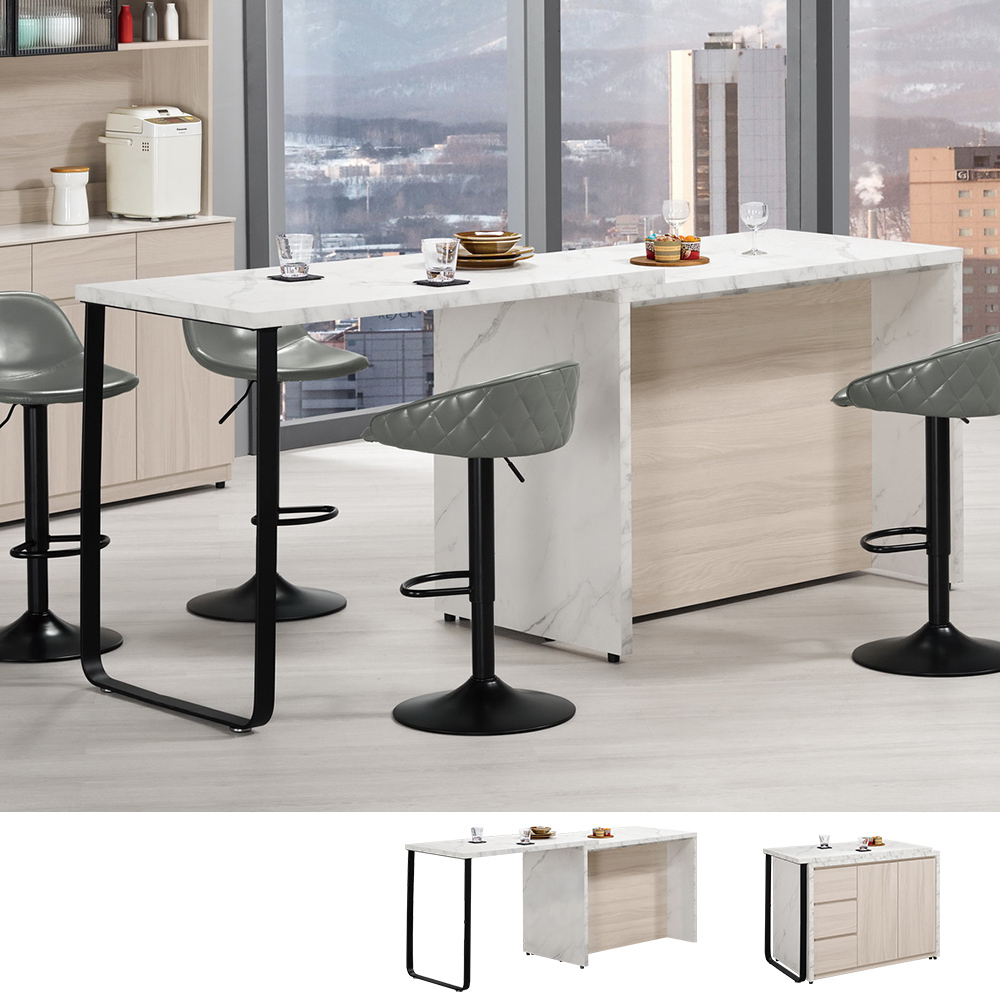 恩洛4.2尺仿石面中島型吧台桌+餐櫃/多功能L型伸縮收納餐桌電器櫃組合