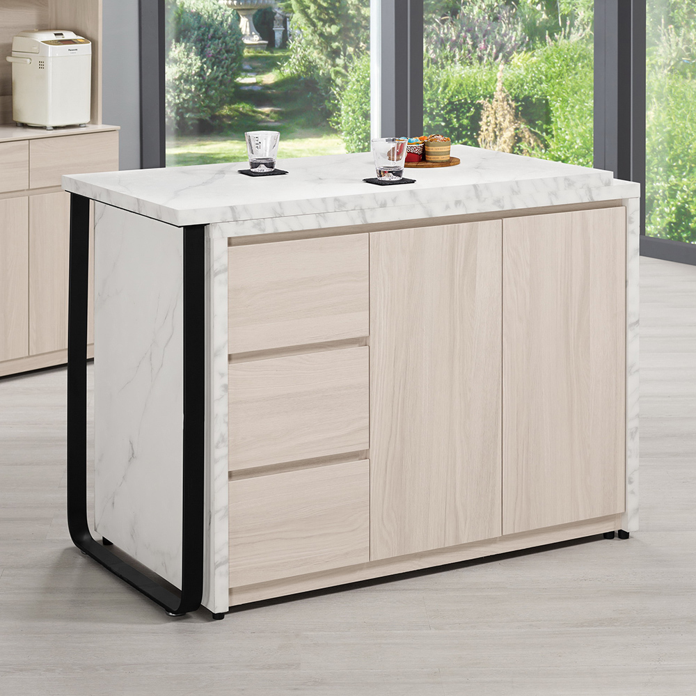 恩洛4.2尺仿石面中島型吧台桌+餐櫃/多功能L型伸縮收納餐桌電器櫃組合