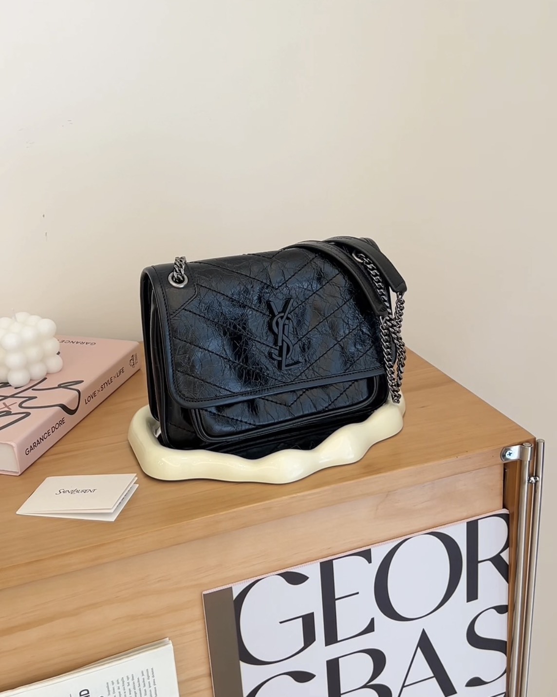 YSL｜NIKI 皮革BABY鏈條包 黑銀