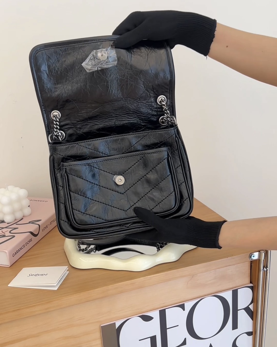 YSL｜NIKI 皮革BABY鏈條包 黑銀