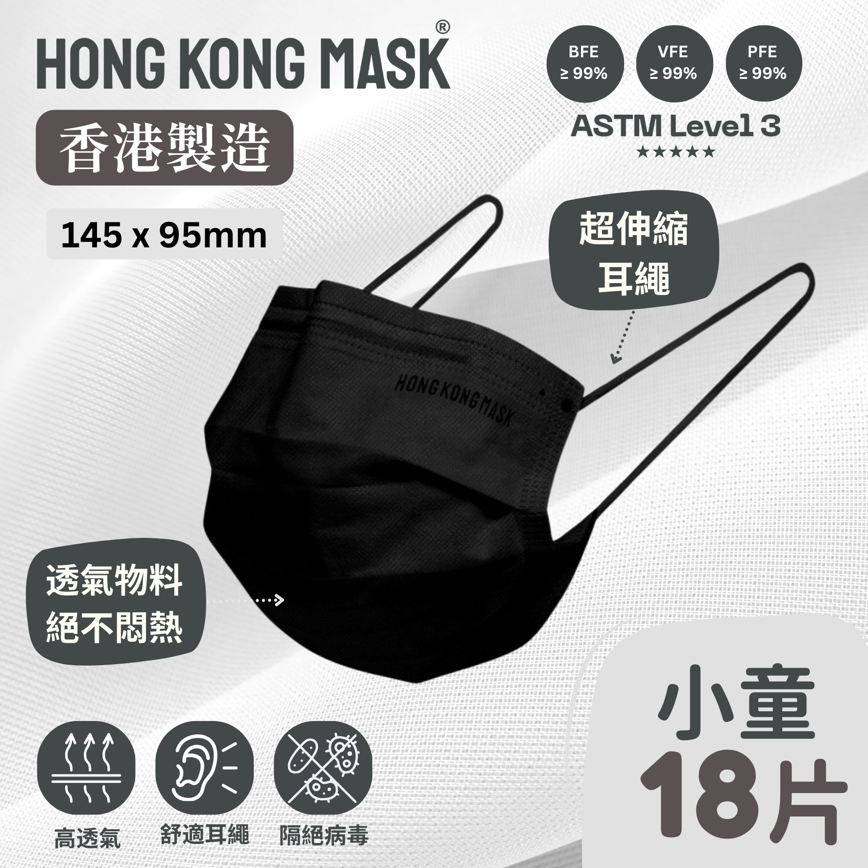 兒童口罩 (小童)  (18片裝) - 黑色 -145mm x 95mm【香港製造】