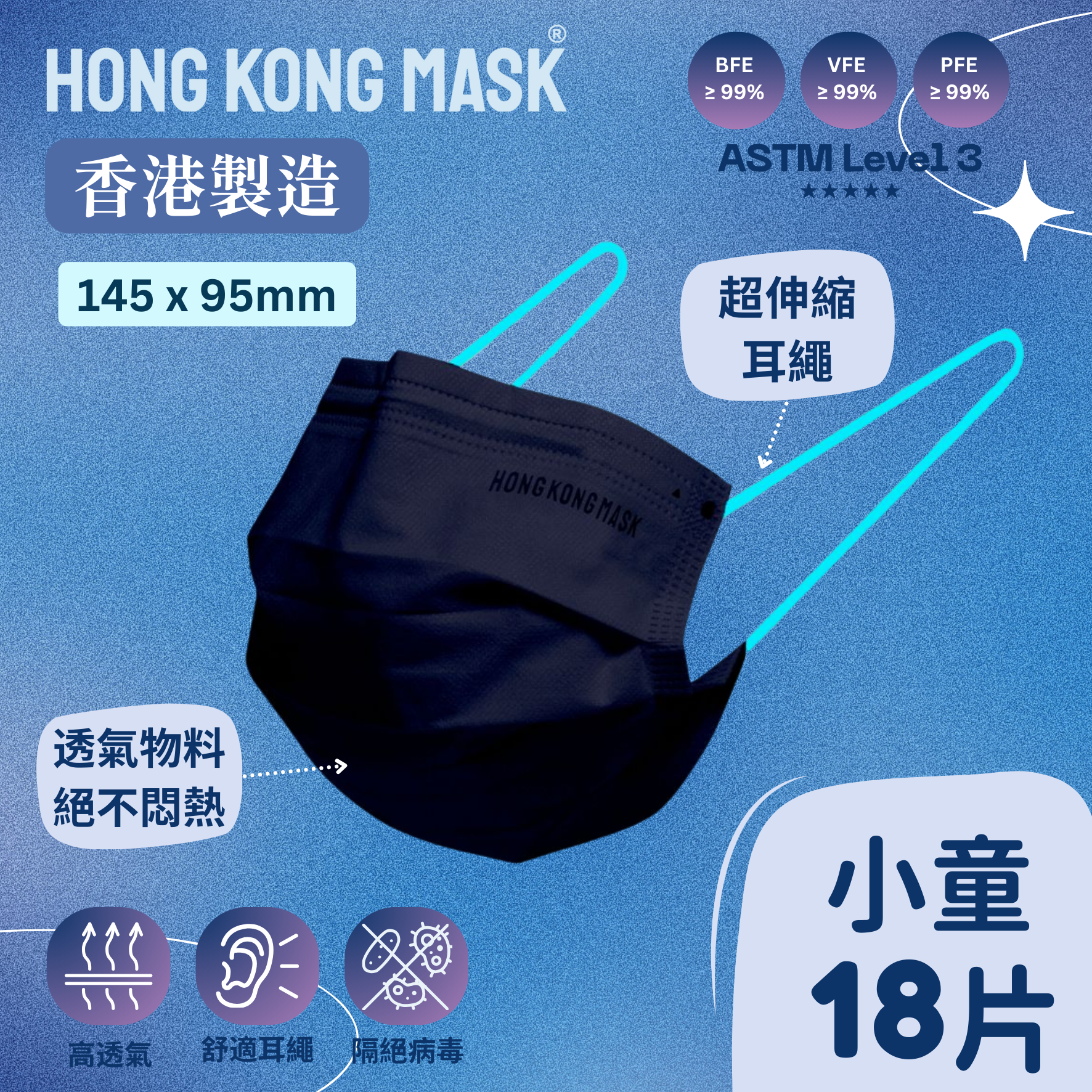 兒童口罩 (小童) (18片裝) - 深藍色 -145mm x 95mm【香港製造】