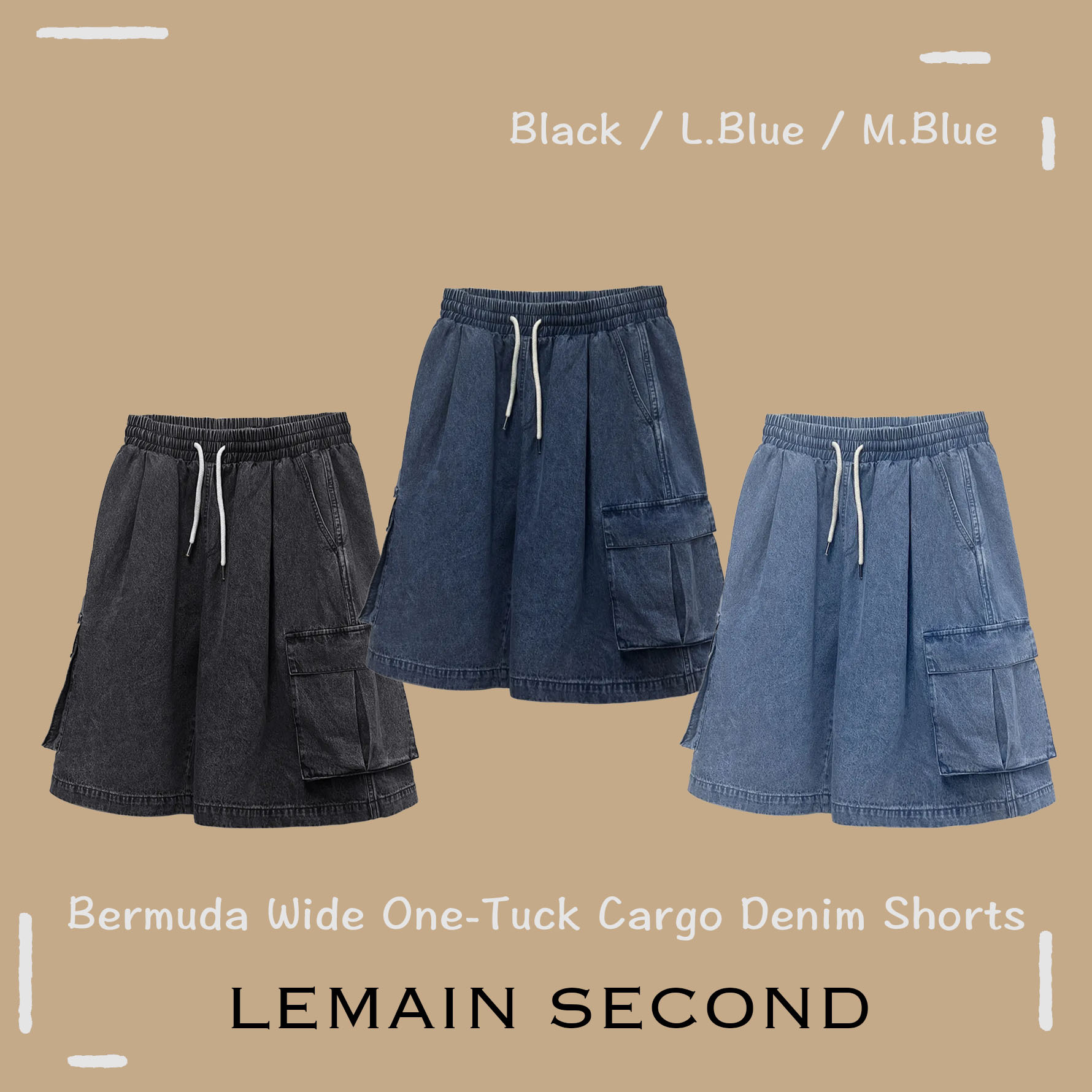 【OWN】LEMAIN SECOND 牛仔短褲 五分褲 工裝 刷白 水洗 牛仔褲 新品牌 韓國流行款 不分男女 黑 深藍 淺藍