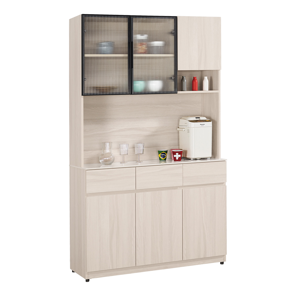 恩洛4尺長虹玻璃岩板收納高餐櫃/碗盤置物櫃/電器櫃(上座+下座)