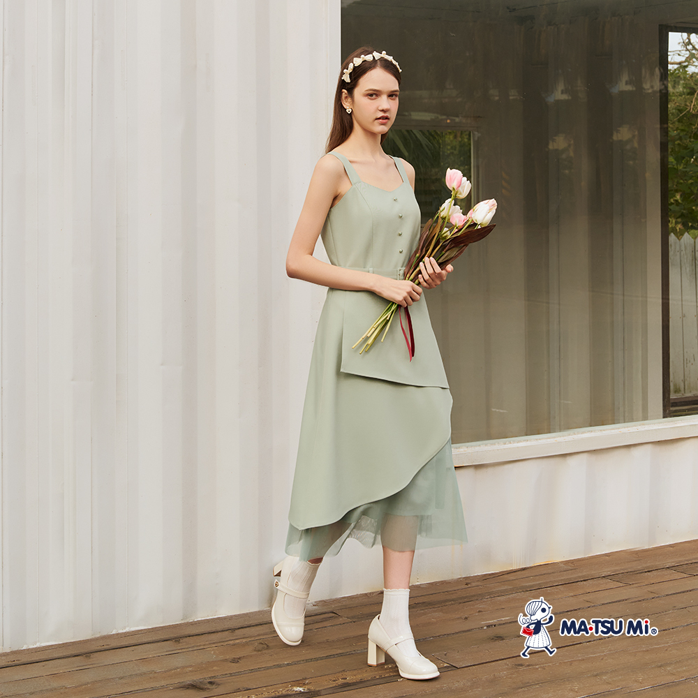 MA‧TSU Mi 優雅層次雪紡拼接網紗吊帶洋裝(卡其.草綠)
