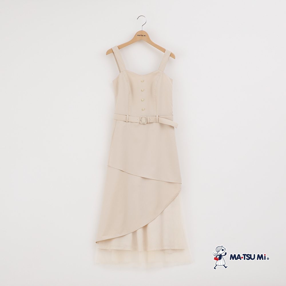 MA‧TSU Mi 優雅層次雪紡拼接網紗吊帶洋裝(卡其.草綠)