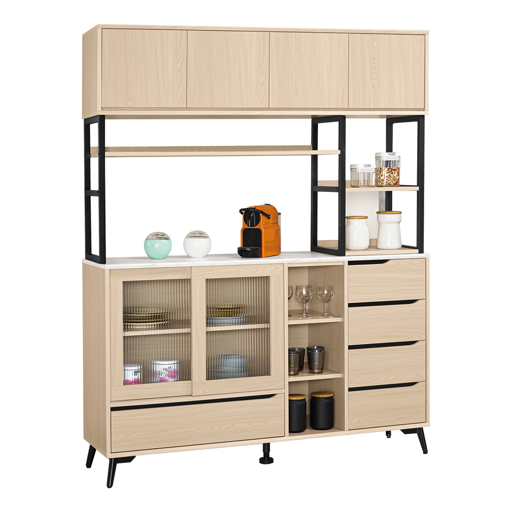 米達5尺長虹玻璃仿石面收納高餐櫃/碗盤置物櫃/電器櫃(上座+下座)