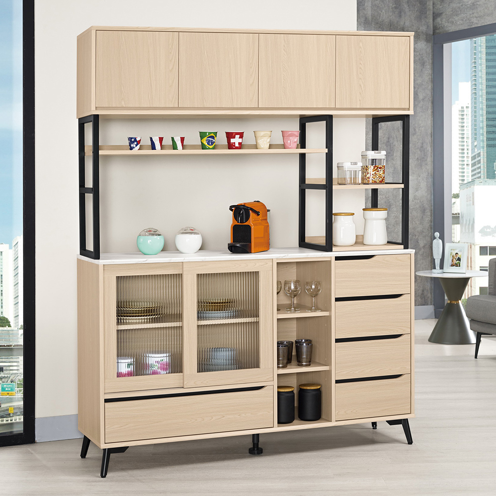 米達5尺長虹玻璃仿石面收納高餐櫃/碗盤置物櫃/電器櫃(上座+下座)