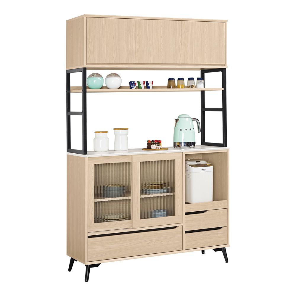 米達4尺長虹玻璃仿石面收納高餐櫃/碗盤置物櫃/拉盤電器櫃(上座+下座)