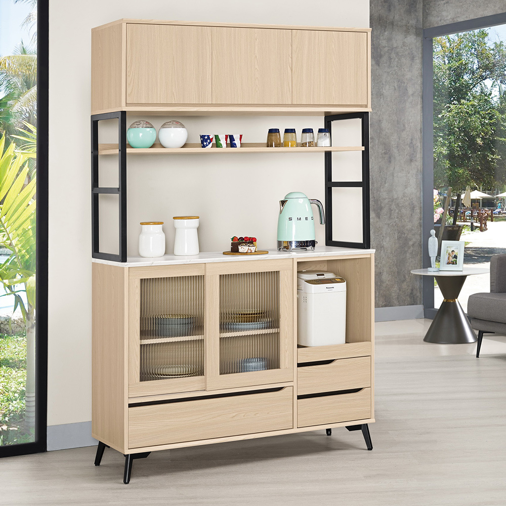 米達4尺長虹玻璃仿石面收納高餐櫃/碗盤置物櫃/拉盤電器櫃(上座+下座)