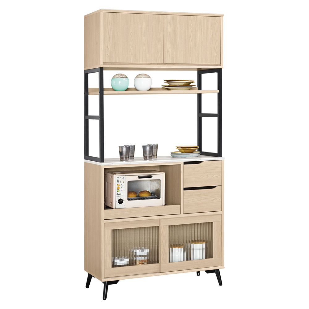 米達3尺長虹玻璃仿石面收納高餐櫃/碗盤置物櫃/拉盤電器櫃(上座+下座)