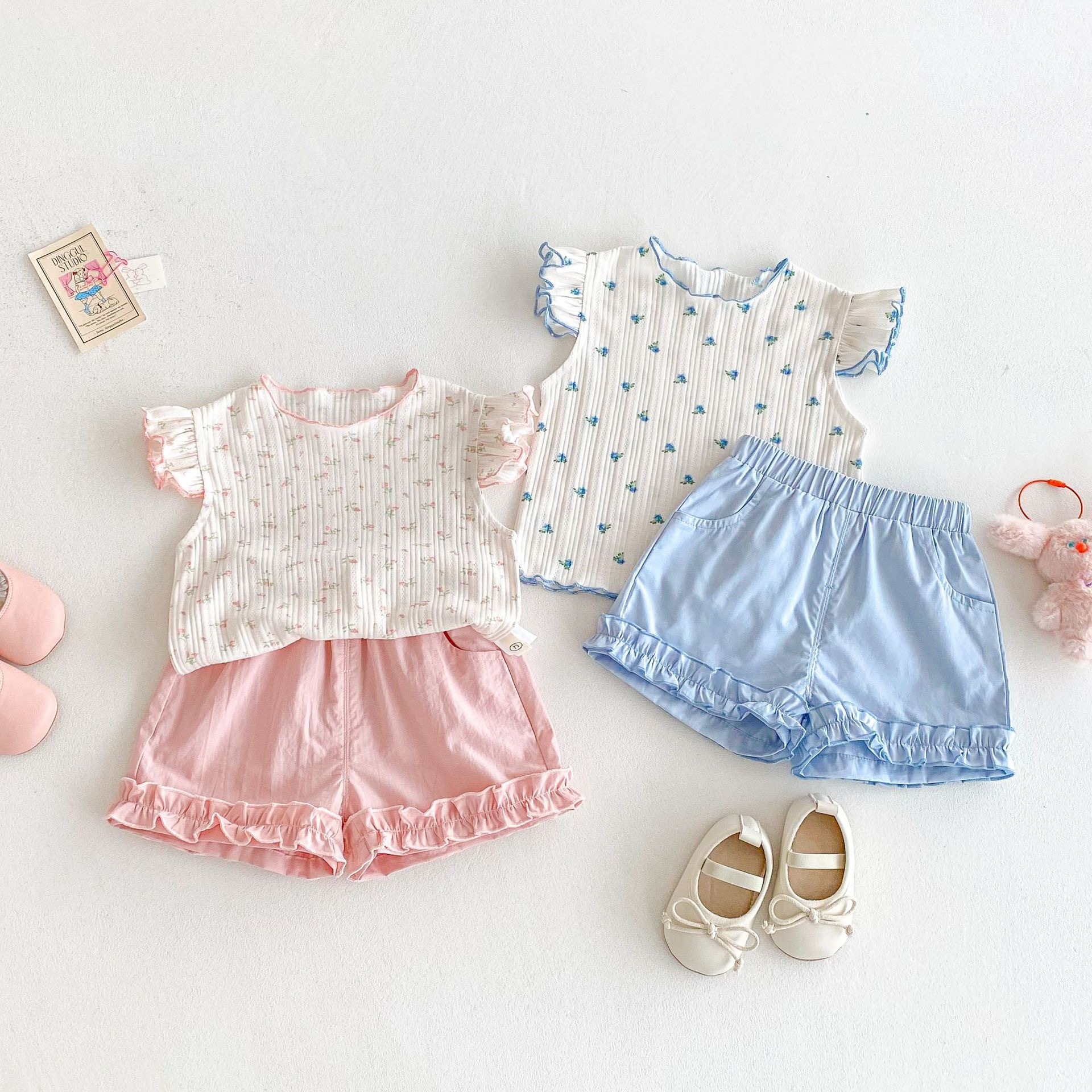 碎花飛袖短褲套裝