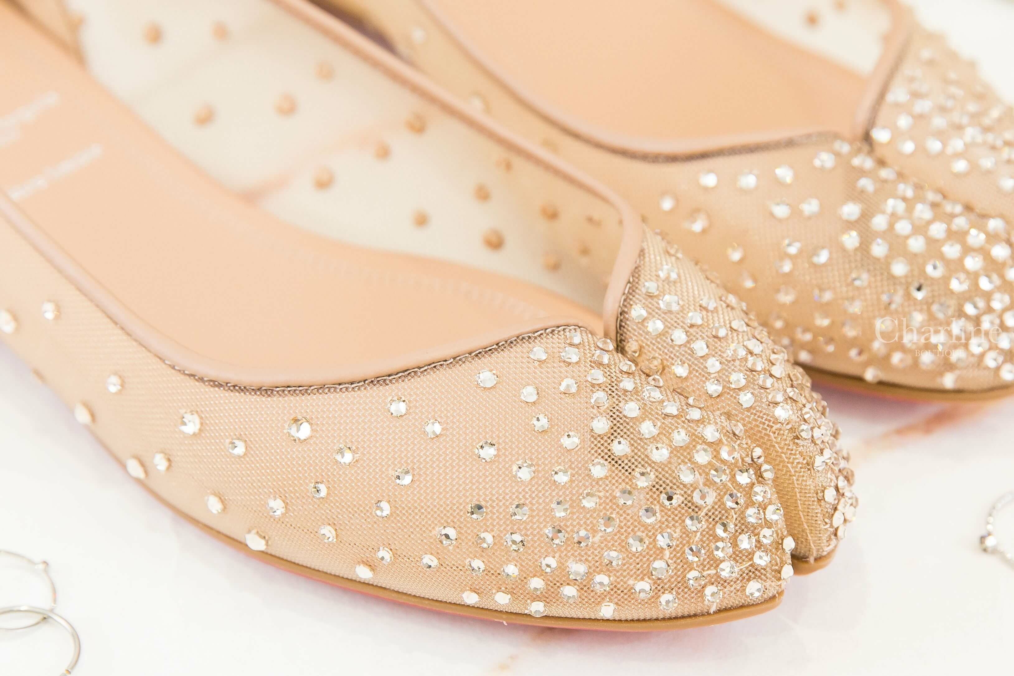 Christian Louboutin x Maison Margiela Marlougiela Strass 聯名款裸色網紗水鑽分趾紅底平底鞋