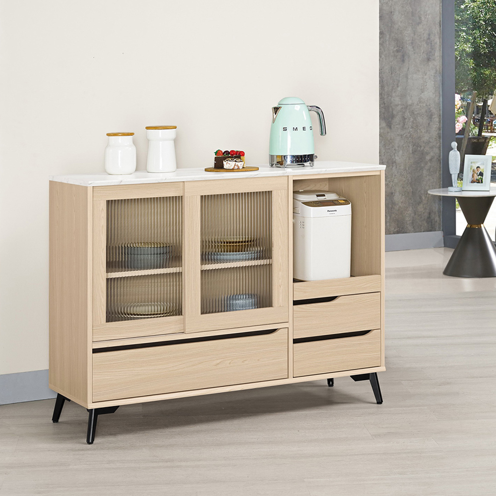 米達4尺長虹玻璃仿石面收納餐櫃/碗盤櫃/置物矮櫃/拉盤電器櫃/玄關櫃(下座)