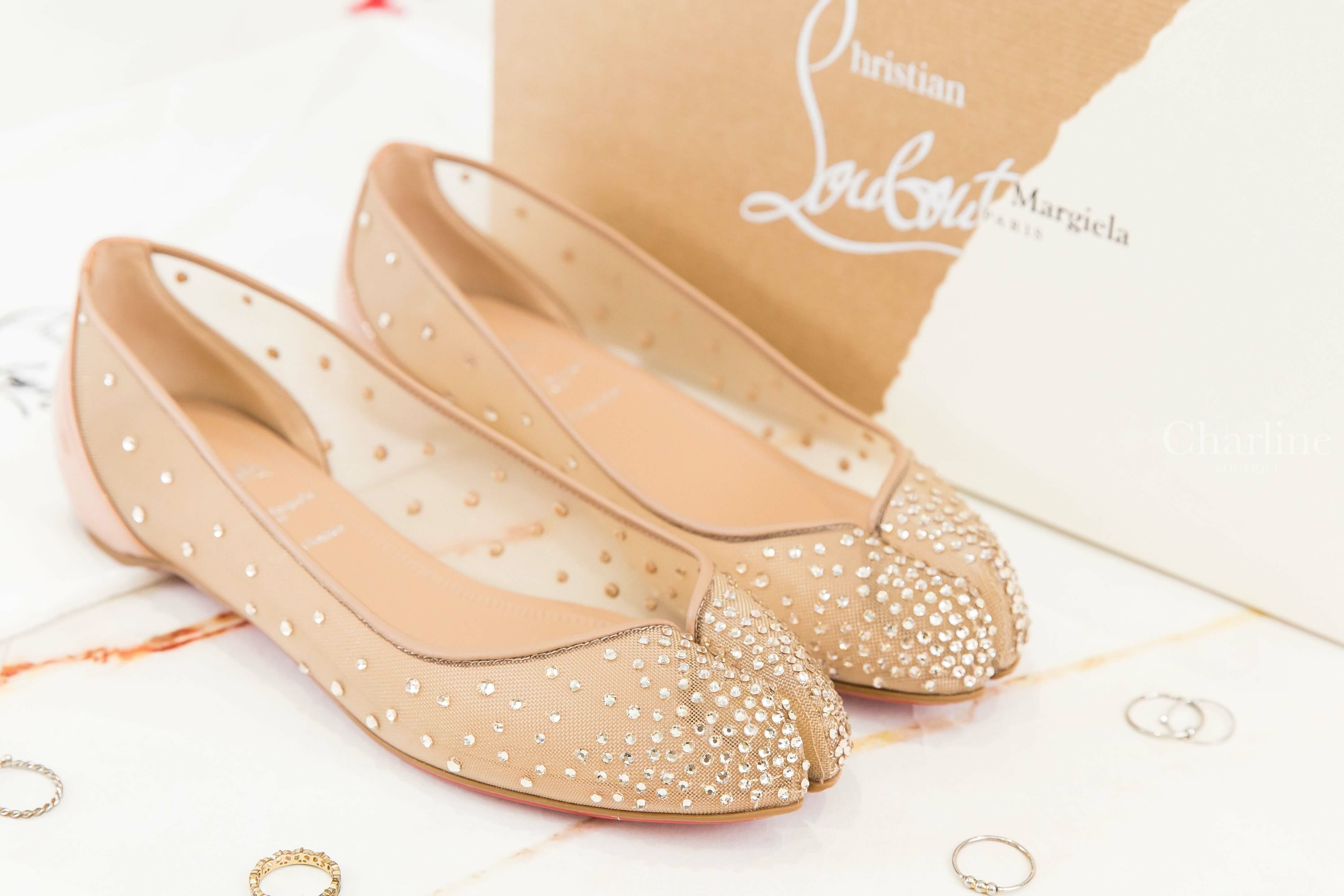 Christian Louboutin x Maison Margiela Marlougiela Strass 聯名款裸色網紗水鑽分趾紅底平底鞋