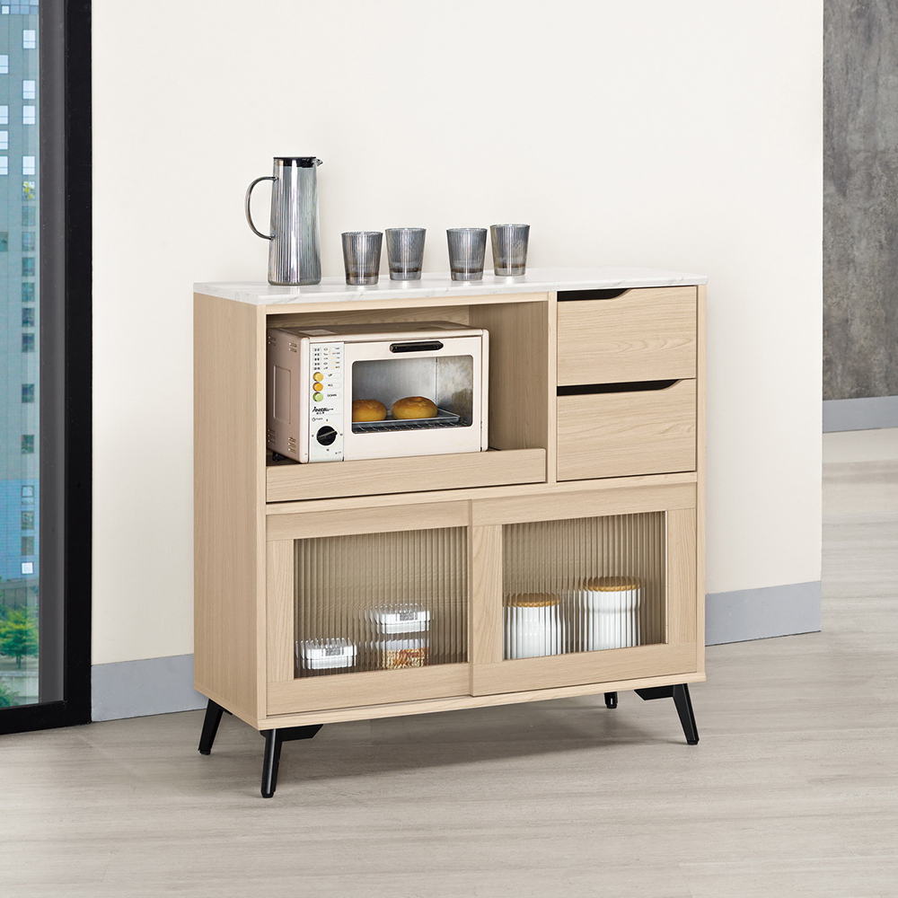 米達3尺長虹玻璃仿石面收納餐櫃/碗盤櫃/置物矮櫃/拉盤電器櫃/玄關櫃(下座)