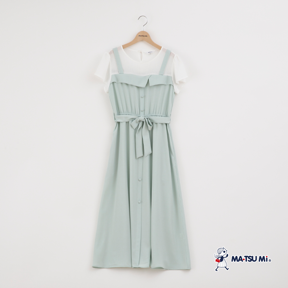 MA‧TSU Mi 假兩件撞色拼接收腰吊帶長洋裝(粉紫.草綠)