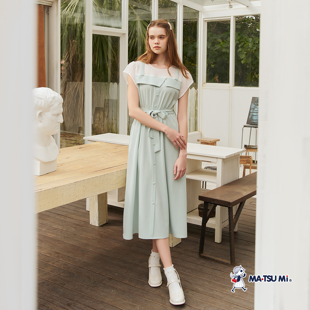 MA‧TSU Mi 假兩件撞色拼接收腰吊帶長洋裝(粉紫.草綠)