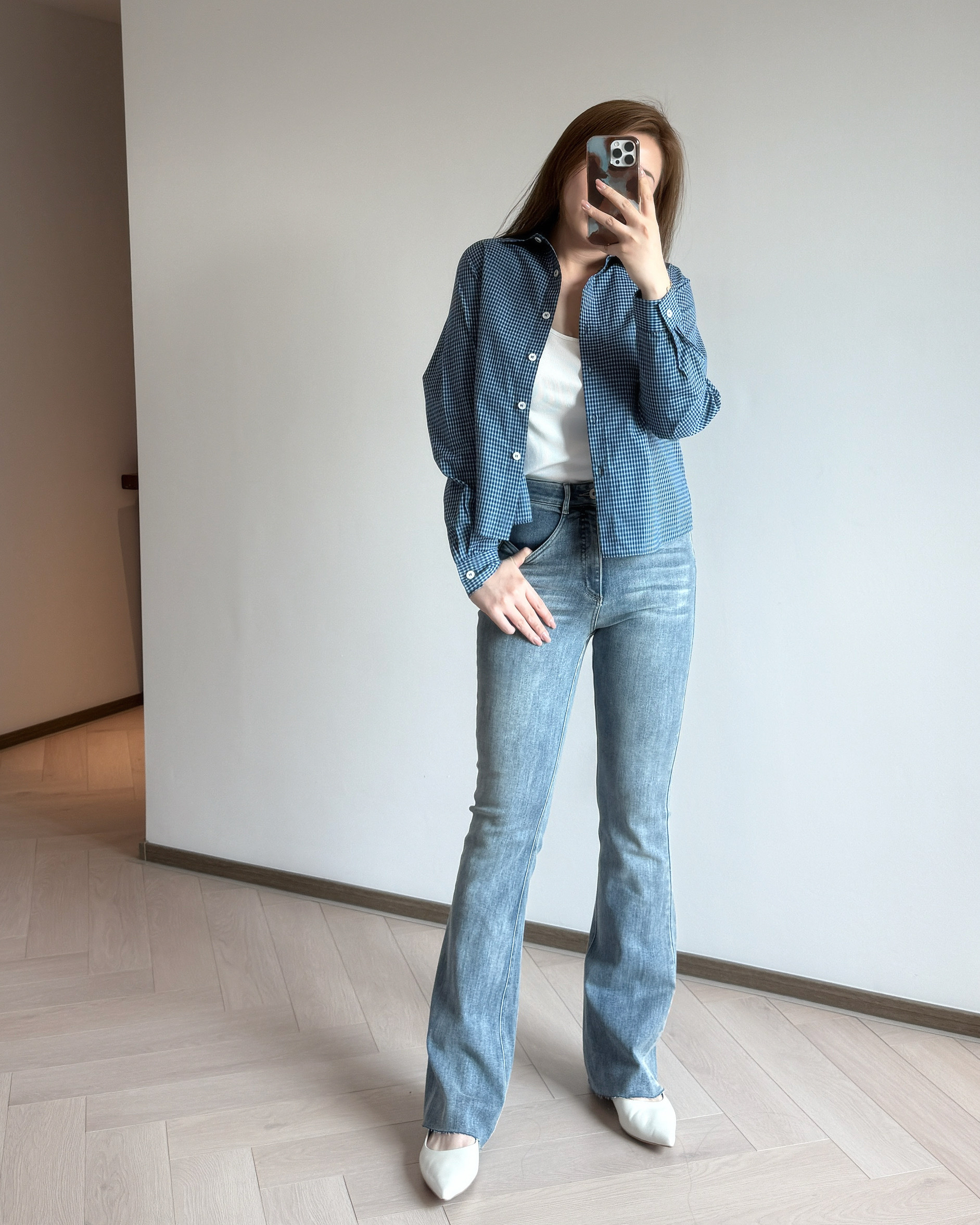 現貨  7179 細格短版正肩恤衫