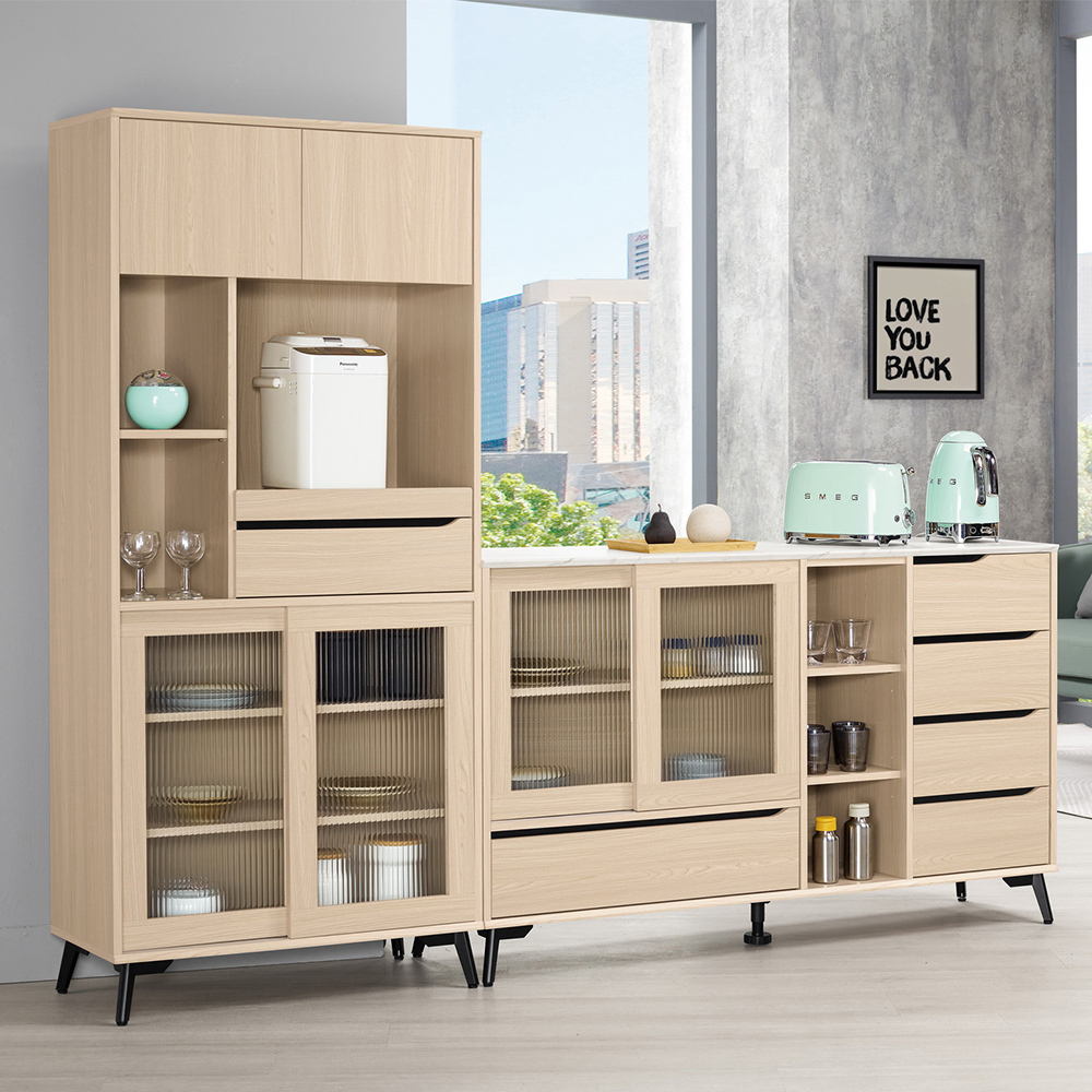 米達7.7尺長虹玻璃L型仿石面收納餐櫃組合(2.7尺拉盤電器高餐櫃+5尺碗盤置物矮櫃)