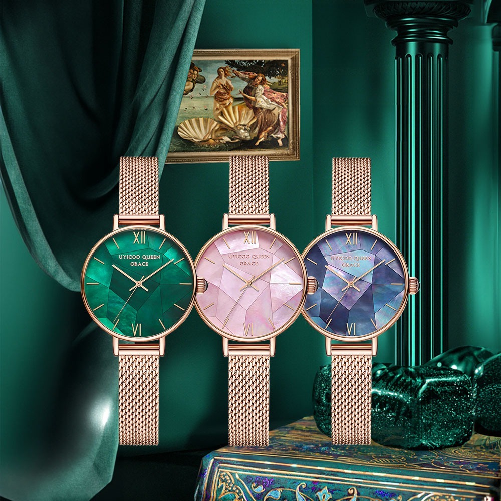 【UYICOO 伊寇】UC008 幻彩貝母錶盤 瑪瑙錶冠 米蘭錶帶 女錶 手錶