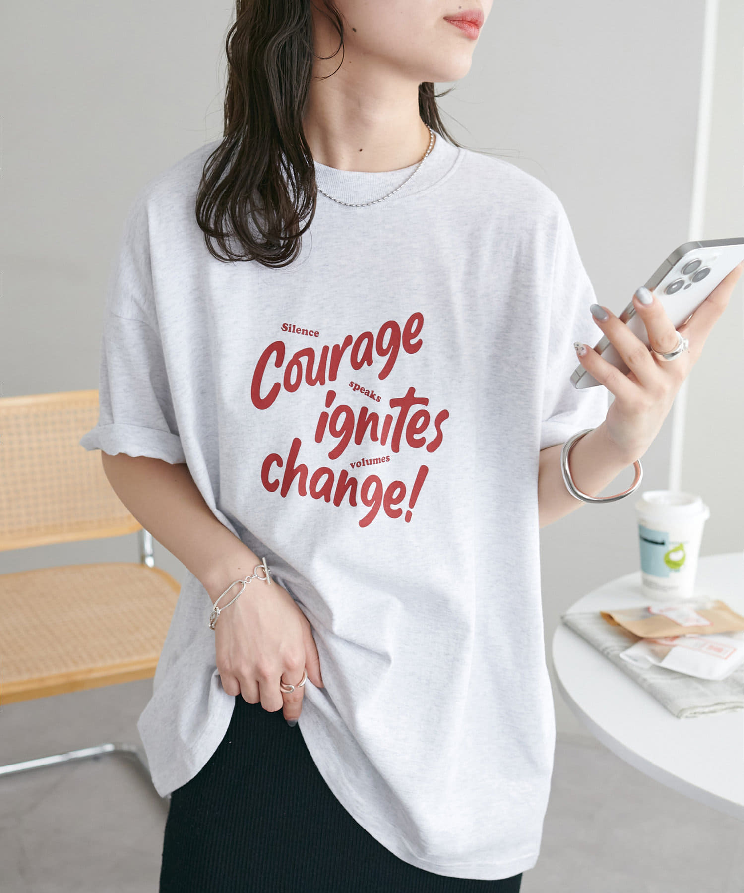 DISCOAT(ディスコート)  【WEB限定】COURAGEビッグ半袖Tシャツ米灰（DCZ1051306A0060）