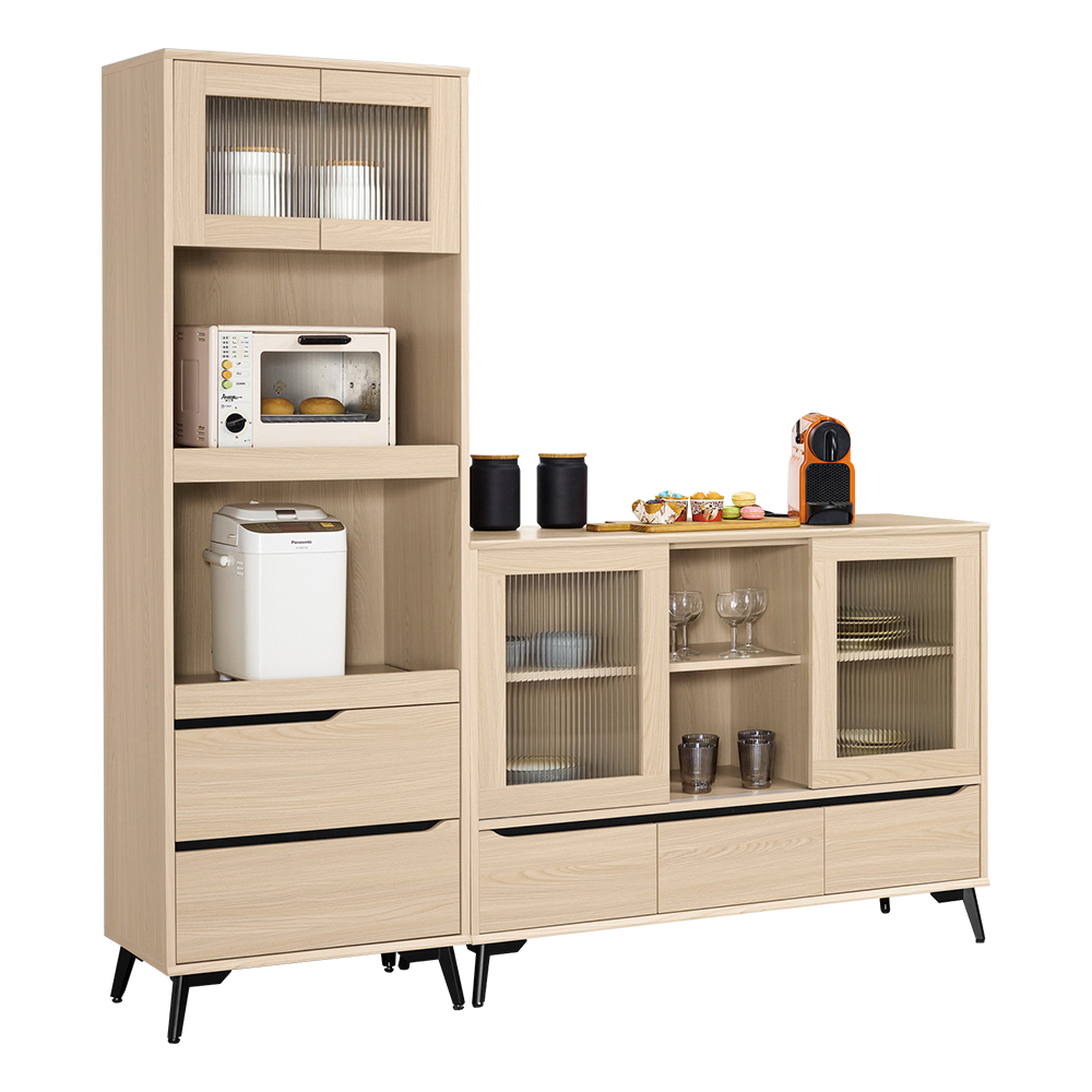 米達6尺長虹玻璃L型收納餐櫃組合(2尺拉盤電器高餐櫃+4尺碗盤置物矮櫃)