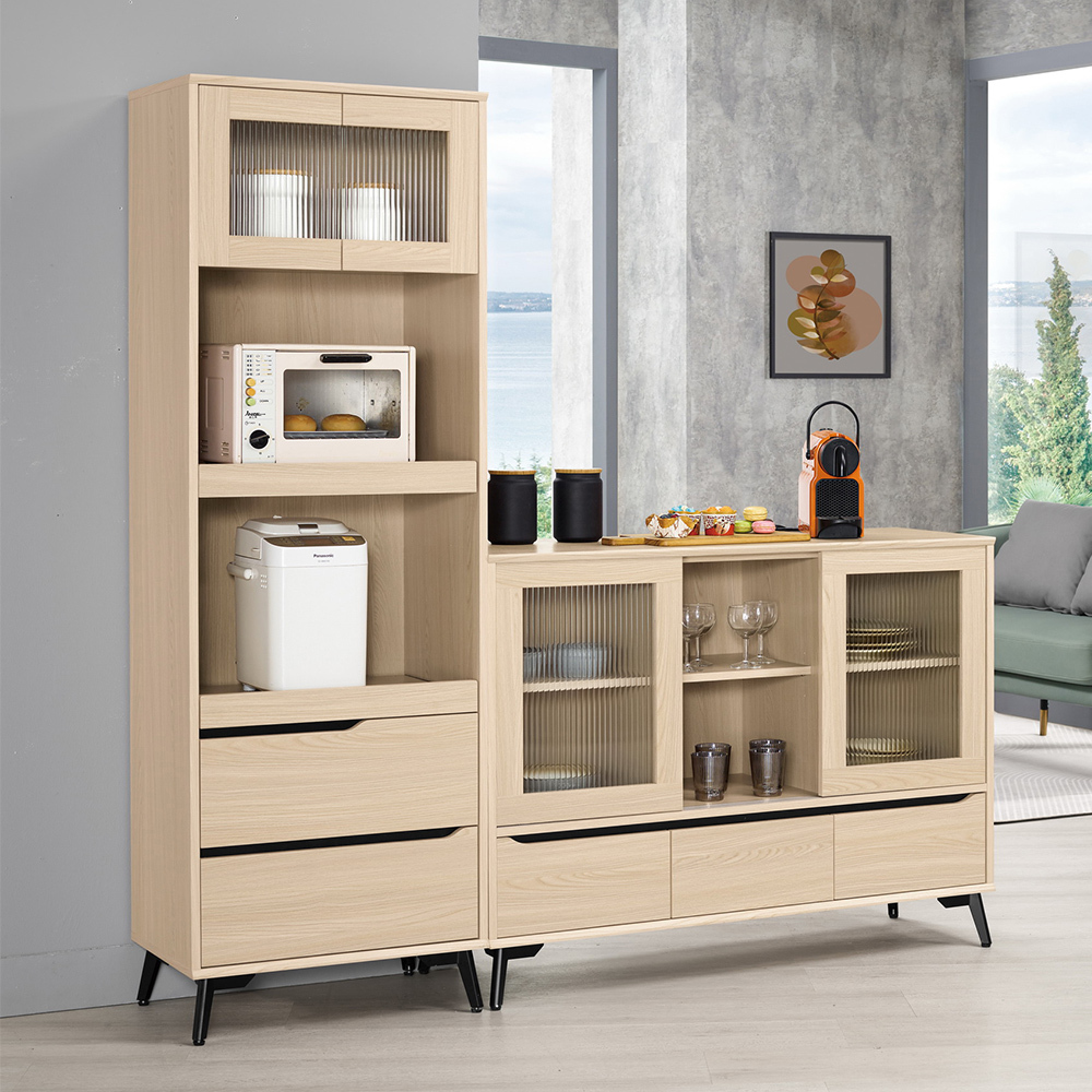 米達6尺長虹玻璃L型收納餐櫃組合(2尺拉盤電器高餐櫃+4尺碗盤置物矮櫃)