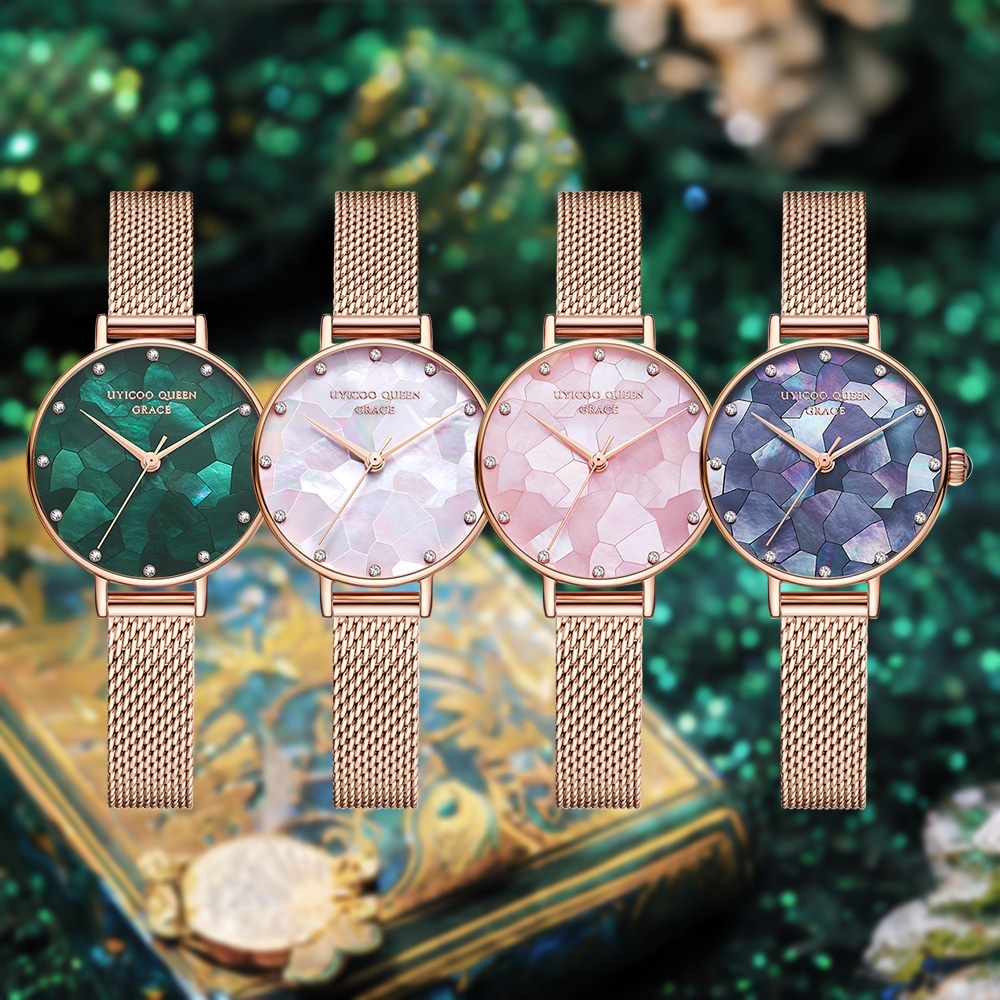 【UYICOO 伊寇】UC019 幻彩貝母錶盤 瑪瑙錶冠 晶鑽時標 米蘭錶帶 女錶 手錶