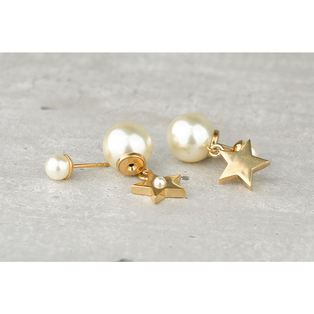 【CHRISTIAN DIOR】Tribales 幸運星及珍珠針式耳環(金色/白色) E3901WOMRS_D301
