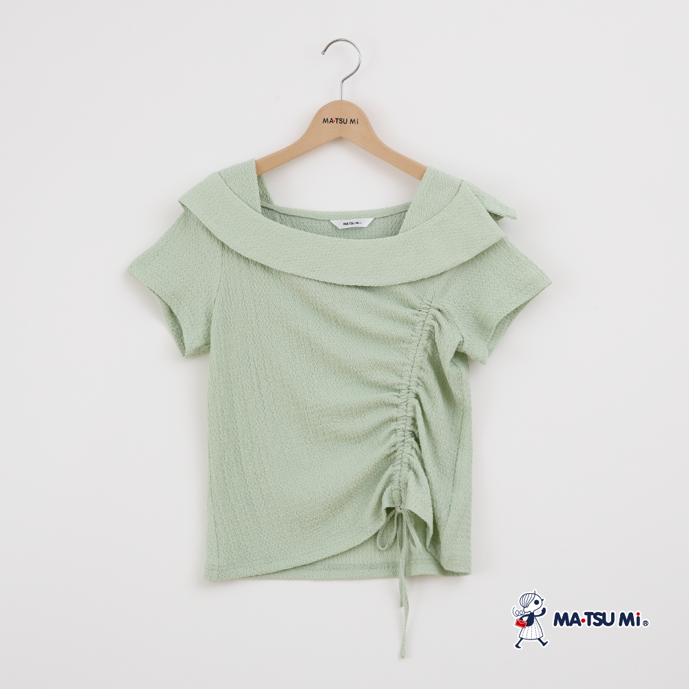 MA‧TSU Mi 領片剪裁拼接抽繩彈性上衣(白.草綠)