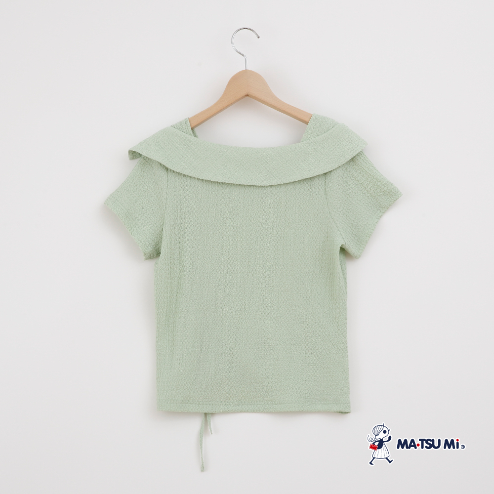 MA‧TSU Mi 領片剪裁拼接抽繩彈性上衣(白.草綠)