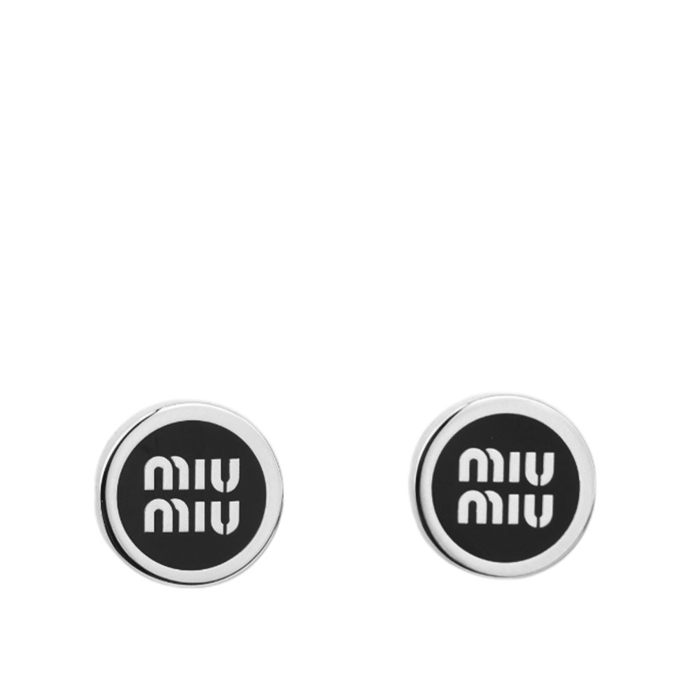 【MIU MIU】Logo 標誌琺瑯及金屬針式耳環(銀色/黑色) 5JO912 2F6T F0632