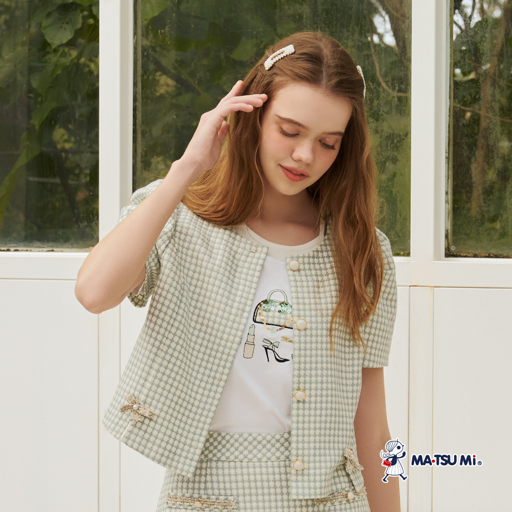 MA‧TSU Mi 假兩件式撞色亮片繡花圖案彈性上衣(白.粉紫)