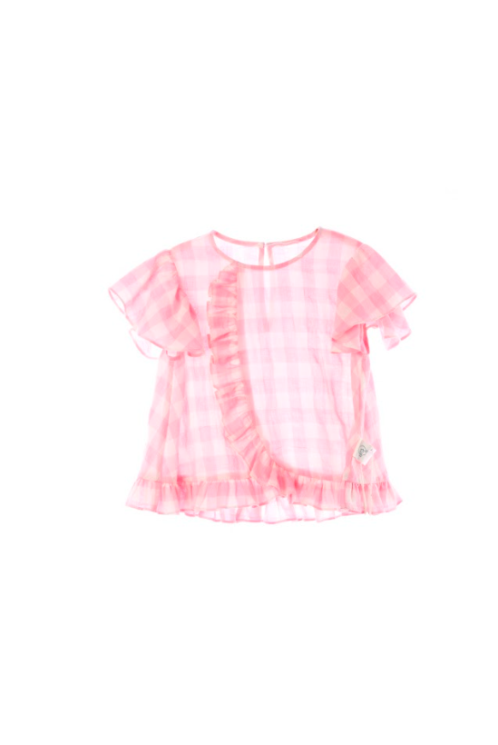 DDB04T017PK  DODO Wardrobe - 粉色日系格仔荷葉袖上衣