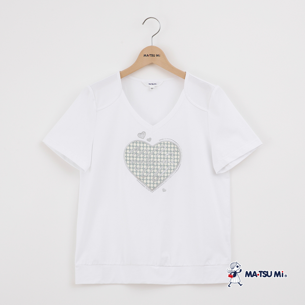 MA‧TSU Mi V領小香風珍珠字母印花圖彈性上衣(白.粉紫)