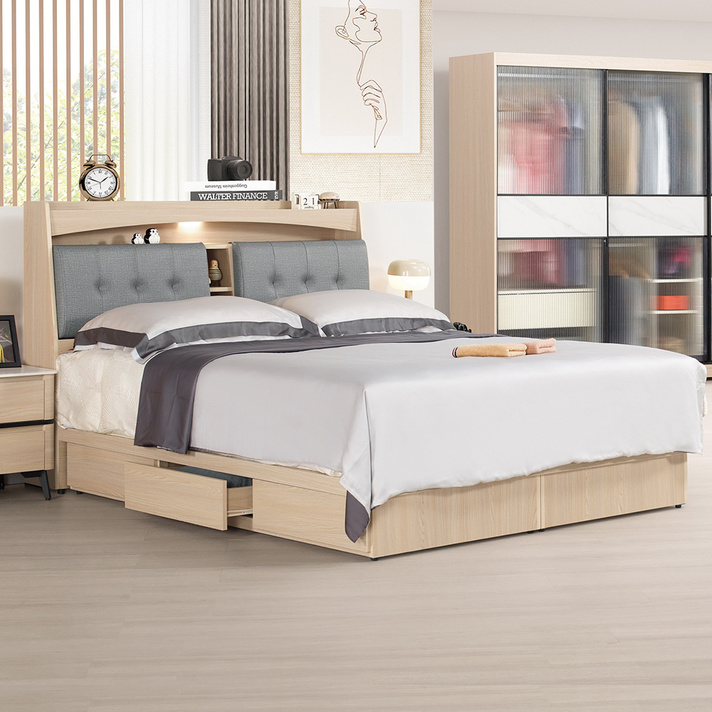 恩洛6尺雙人加大抽屜床組(收納床頭箱+三抽收納床底-不含床墊)