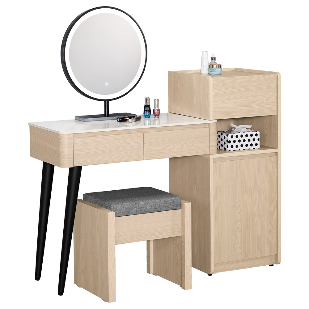 恩洛2.7尺多功能伸縮岩板化妝桌/鏡台/梳妝台(附LED觸控式化妝鏡+收納化妝椅-寬82~116公分)