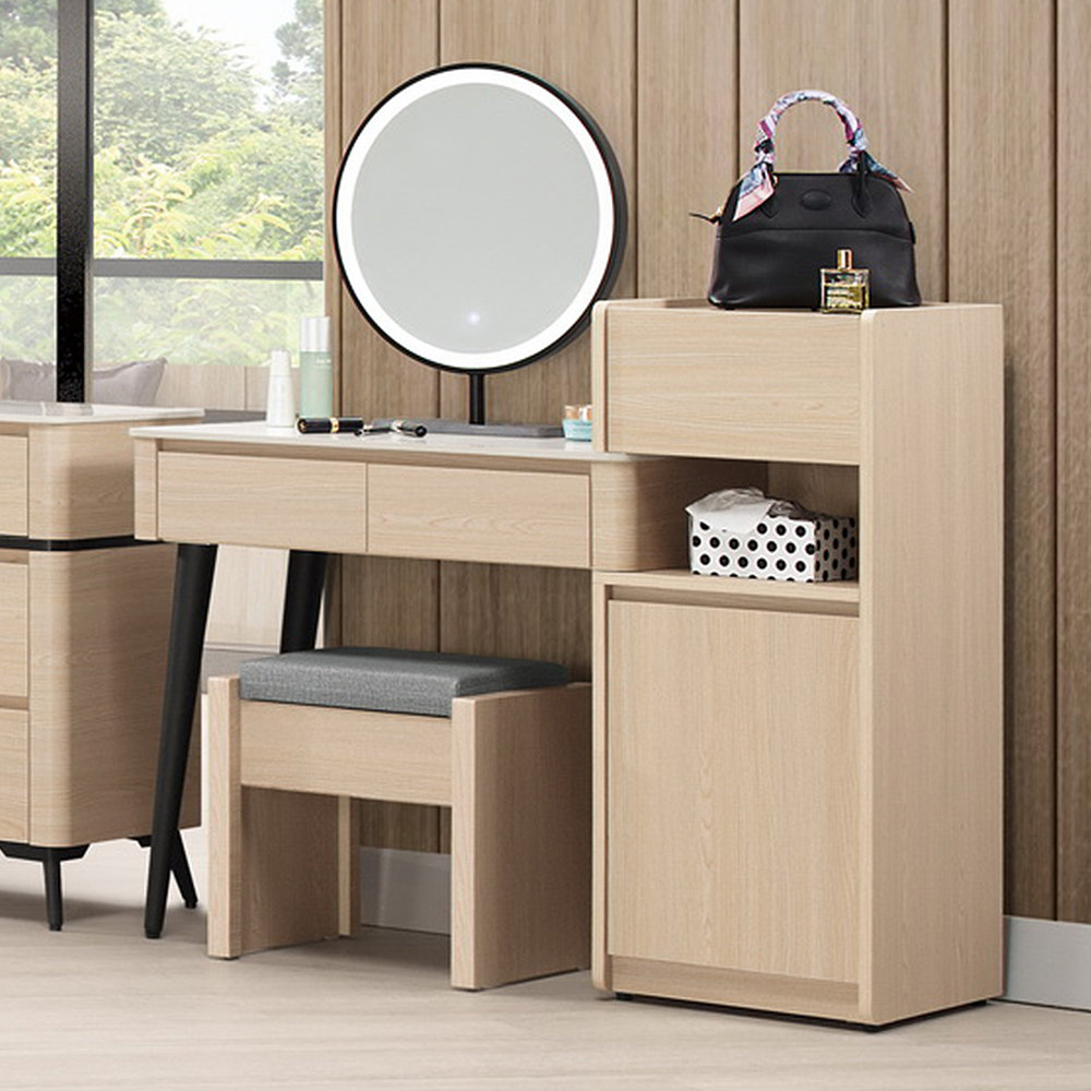 恩洛2.7尺多功能伸縮岩板化妝桌/鏡台/梳妝台(附LED觸控式化妝鏡+收納化妝椅-寬82~116公分)