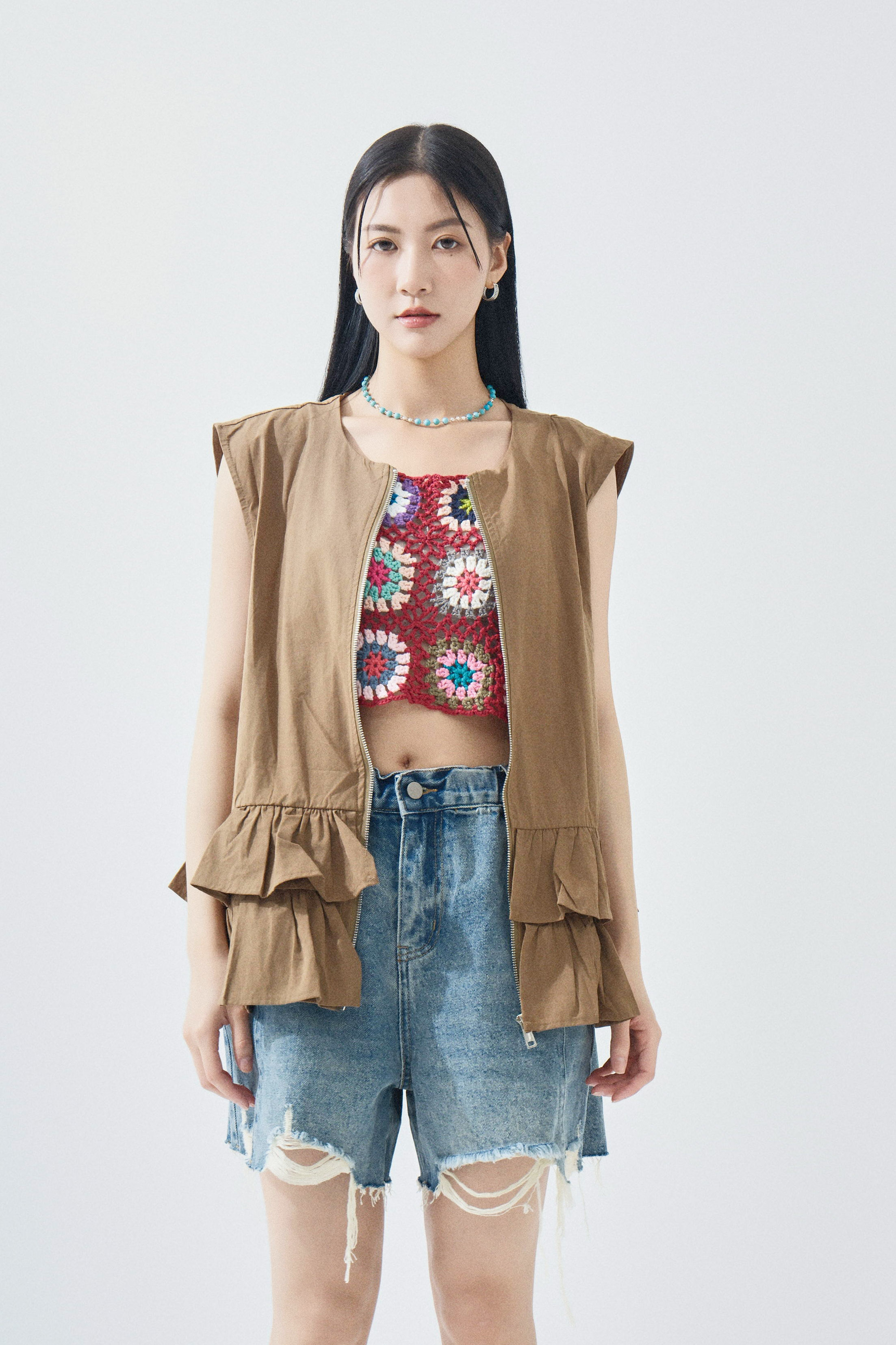 雙層荷葉腳背心外套 (現貨款式）