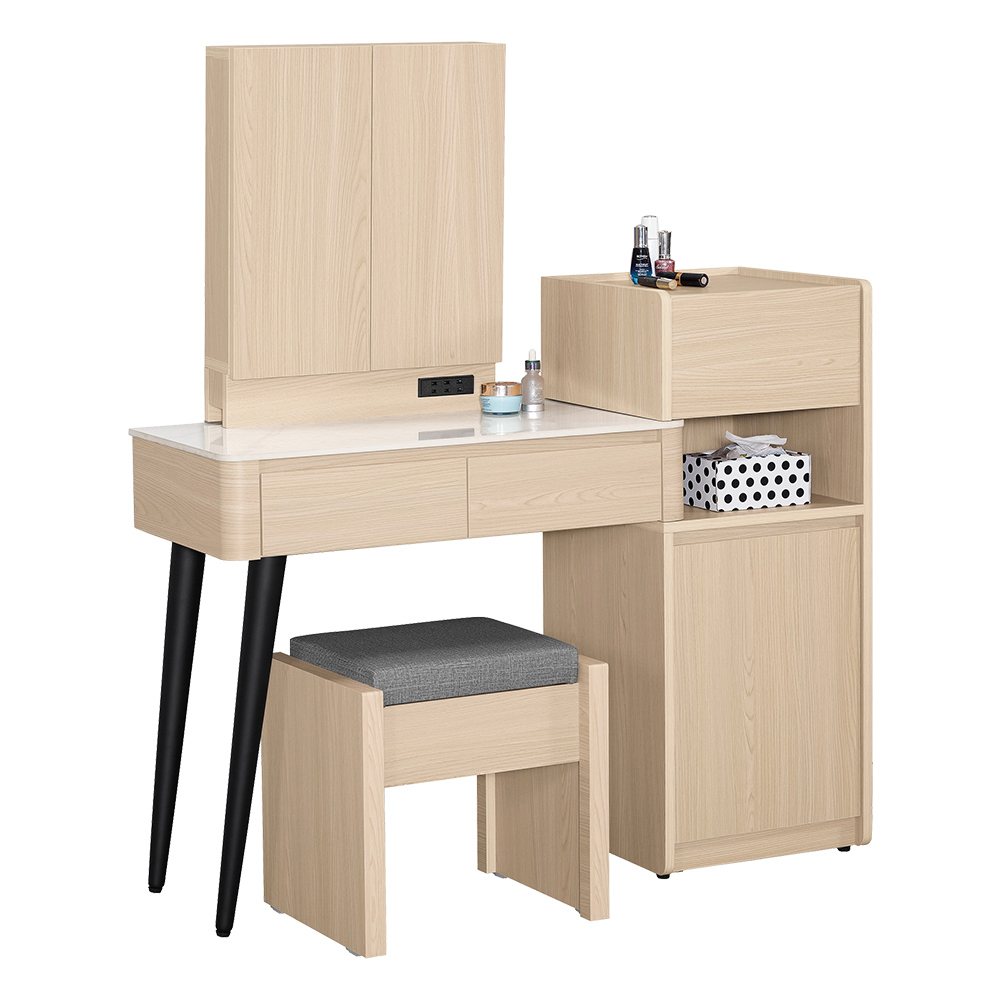 恩洛2.7尺多功能伸縮岩板化妝桌/開門式鏡台/梳妝台(附插座+收納化妝椅-寬82~116公分)