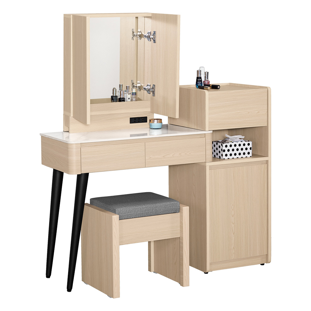 恩洛2.7尺多功能伸縮岩板化妝桌/開門式鏡台/梳妝台(附插座+收納化妝椅-寬82~116公分)