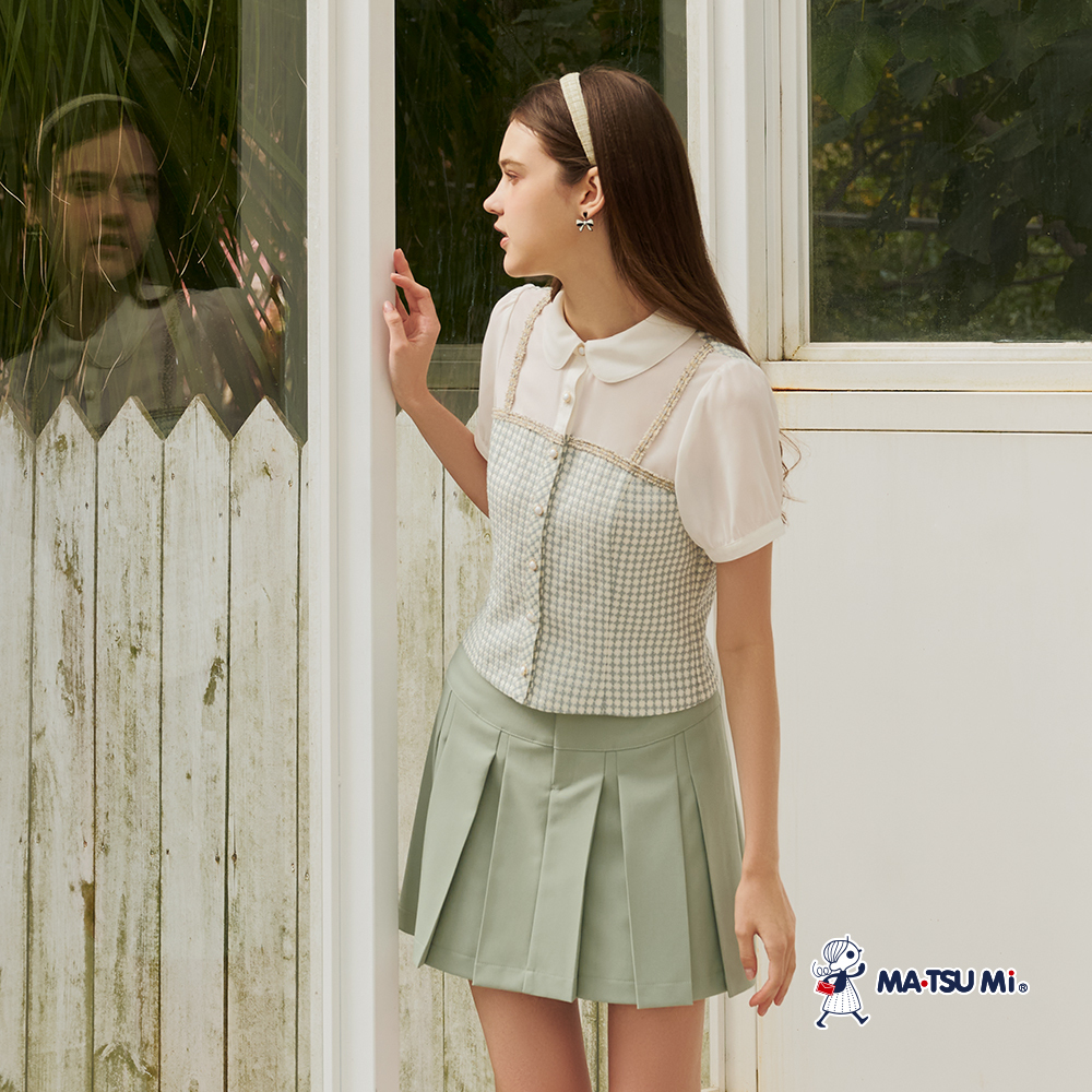 MA‧TSU Mi 不規則百褶珍珠釦彈性短裙(卡其.草綠)