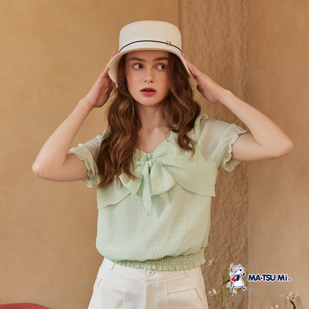 MA‧TSU Mi 蝴蝶結綁帶雪紡上衣(白.草綠)