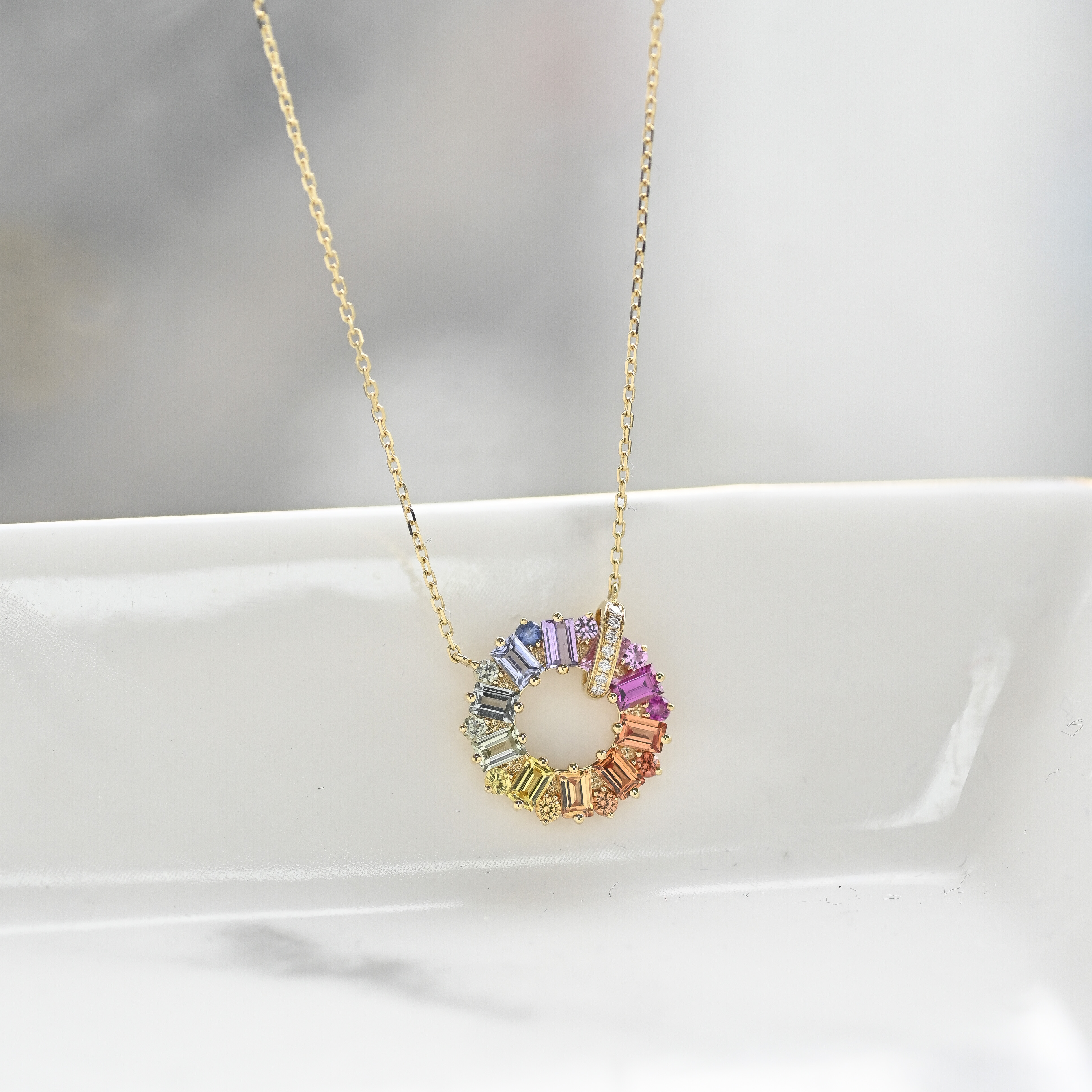 18K Rainbow Sapphire Lucky Wheel Diamond Necklace