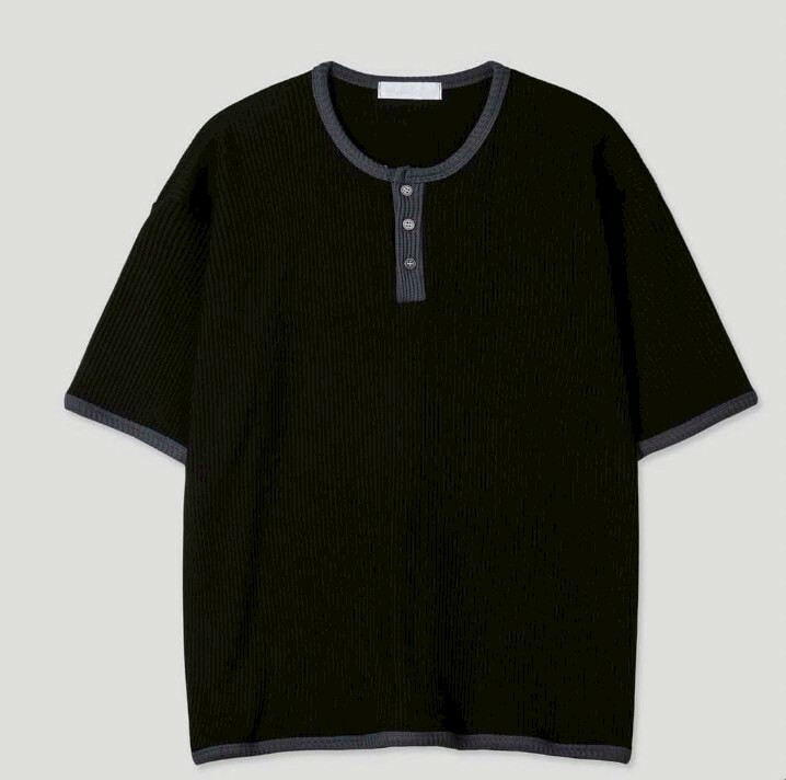 PARA 亨利領 拼接 華夫格 上衣 #短袖